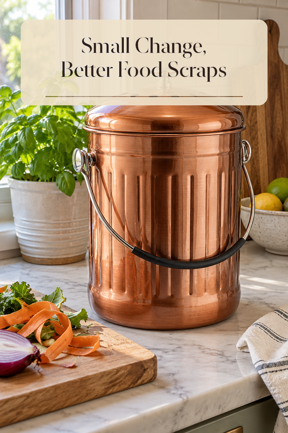 A realistic compost bin organizing food scraps in a naturally lit lived-in home.