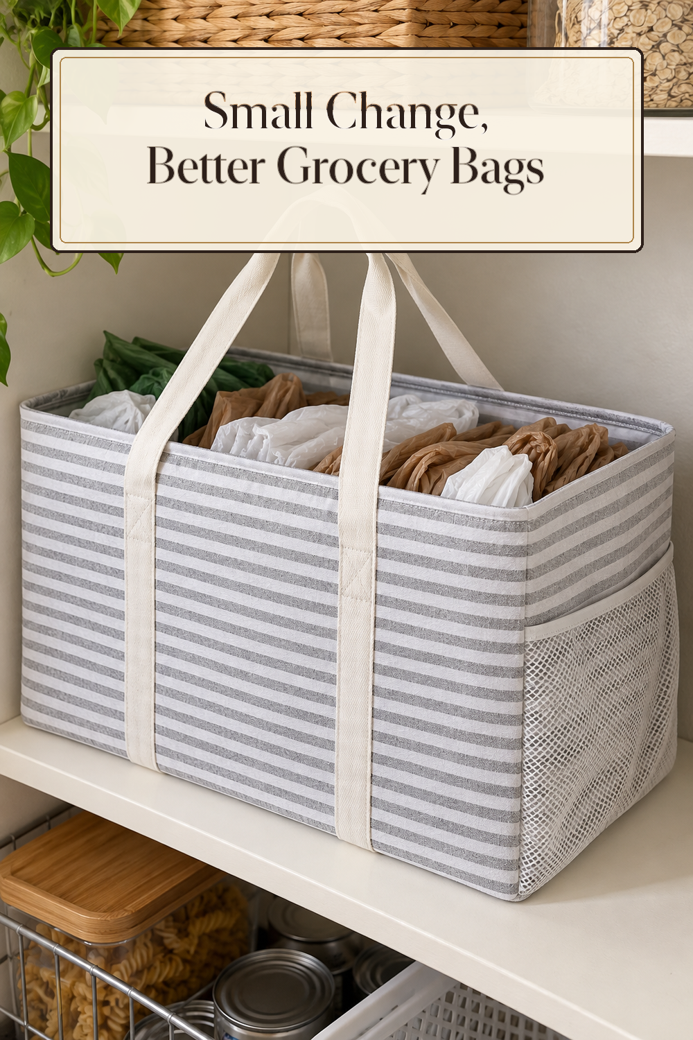 A realistic bag organizer organizing grocery bags in a naturally lit lived-in home.