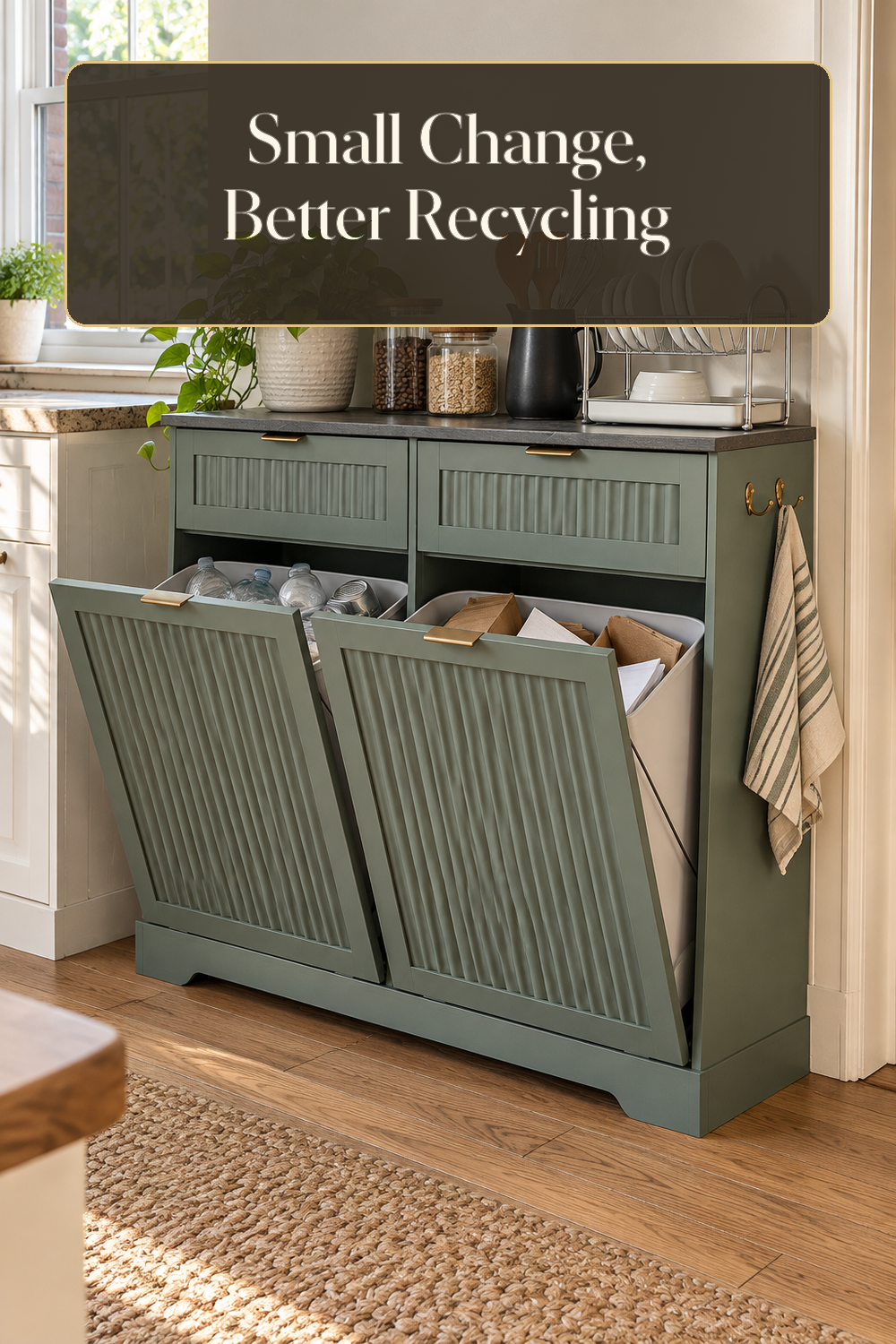 A realistic recycling organizer organizing recycling in a naturally lit lived-in home.