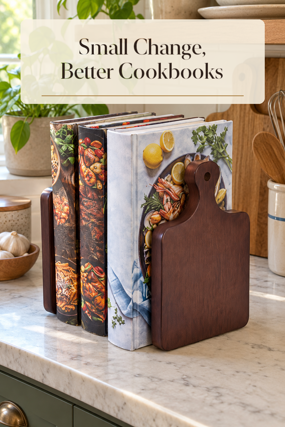 A realistic cookbook organizer organizing cookbooks in a naturally lit lived-in home.