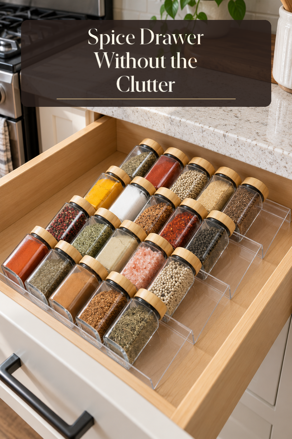 A realistic spice organizer organizing spice drawer in a naturally lit lived-in home.