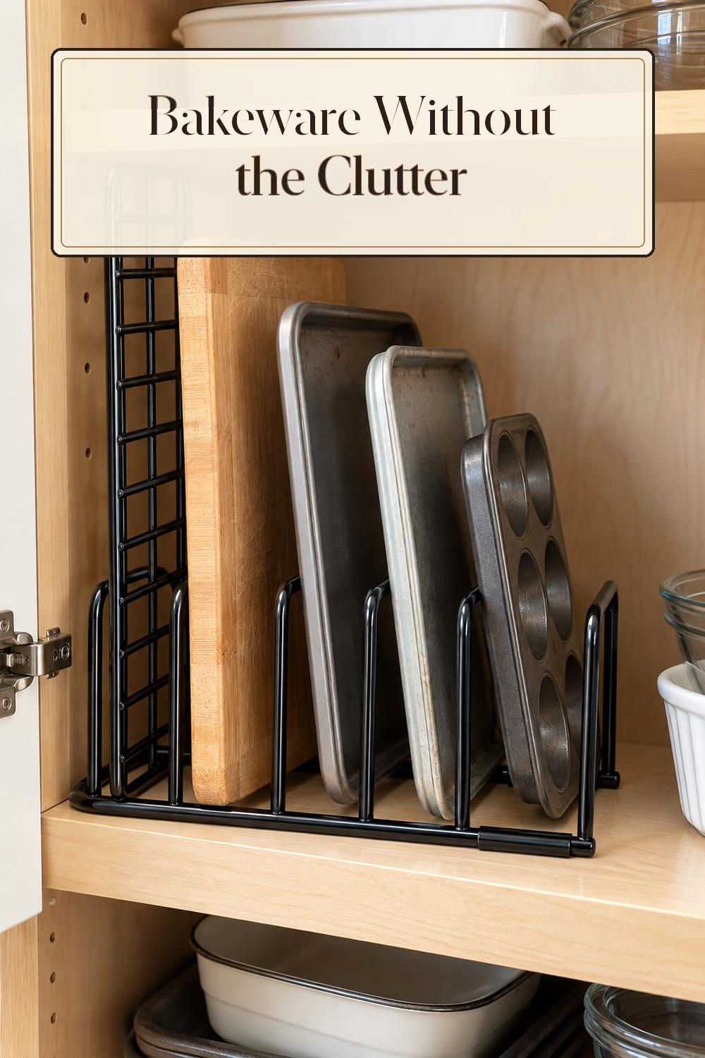 A realistic bakeware organizer organizing bakeware in a naturally lit lived-in home.