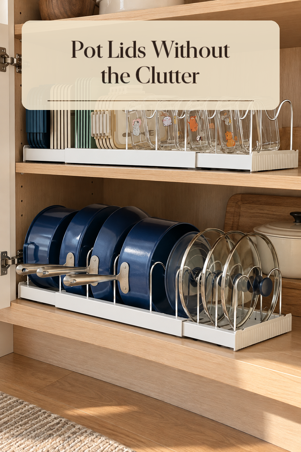 A realistic pot lid organizer organizing pot lids in a naturally lit lived-in home.
