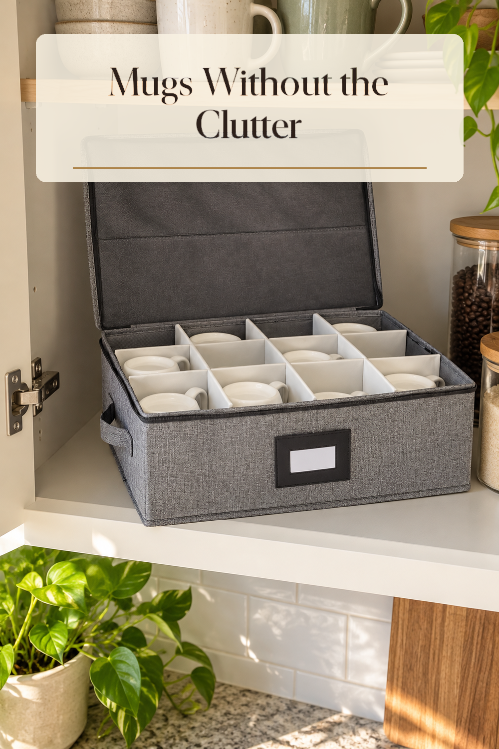 A realistic mug organizer organizing mugs in a naturally lit lived-in home.