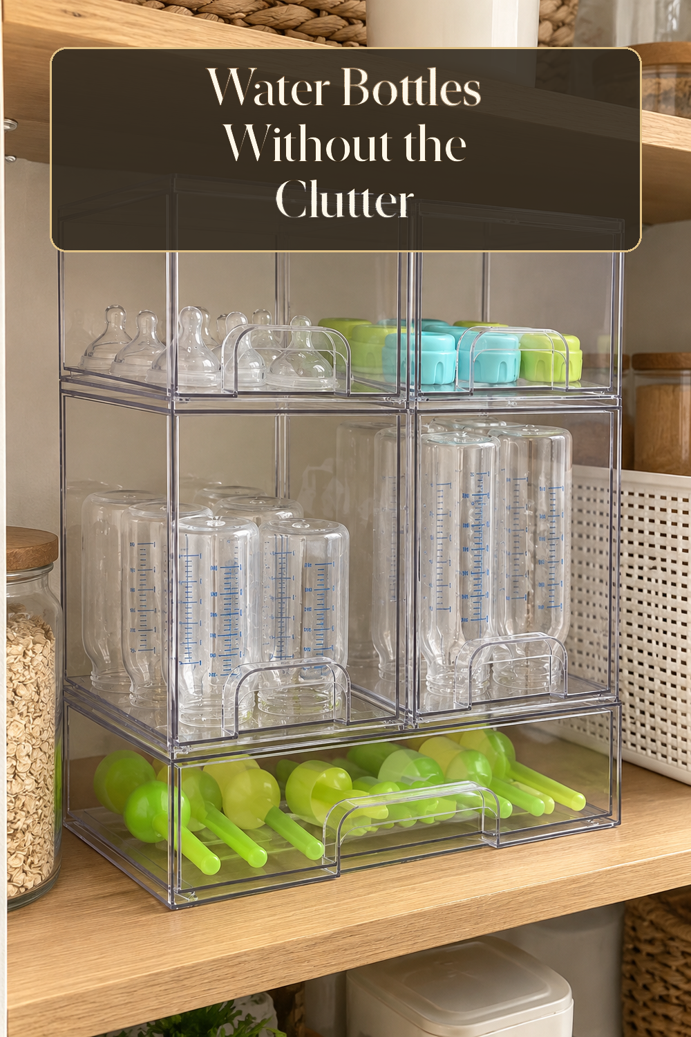 A realistic water bottle organizer organizing water bottles in a naturally lit lived-in home.