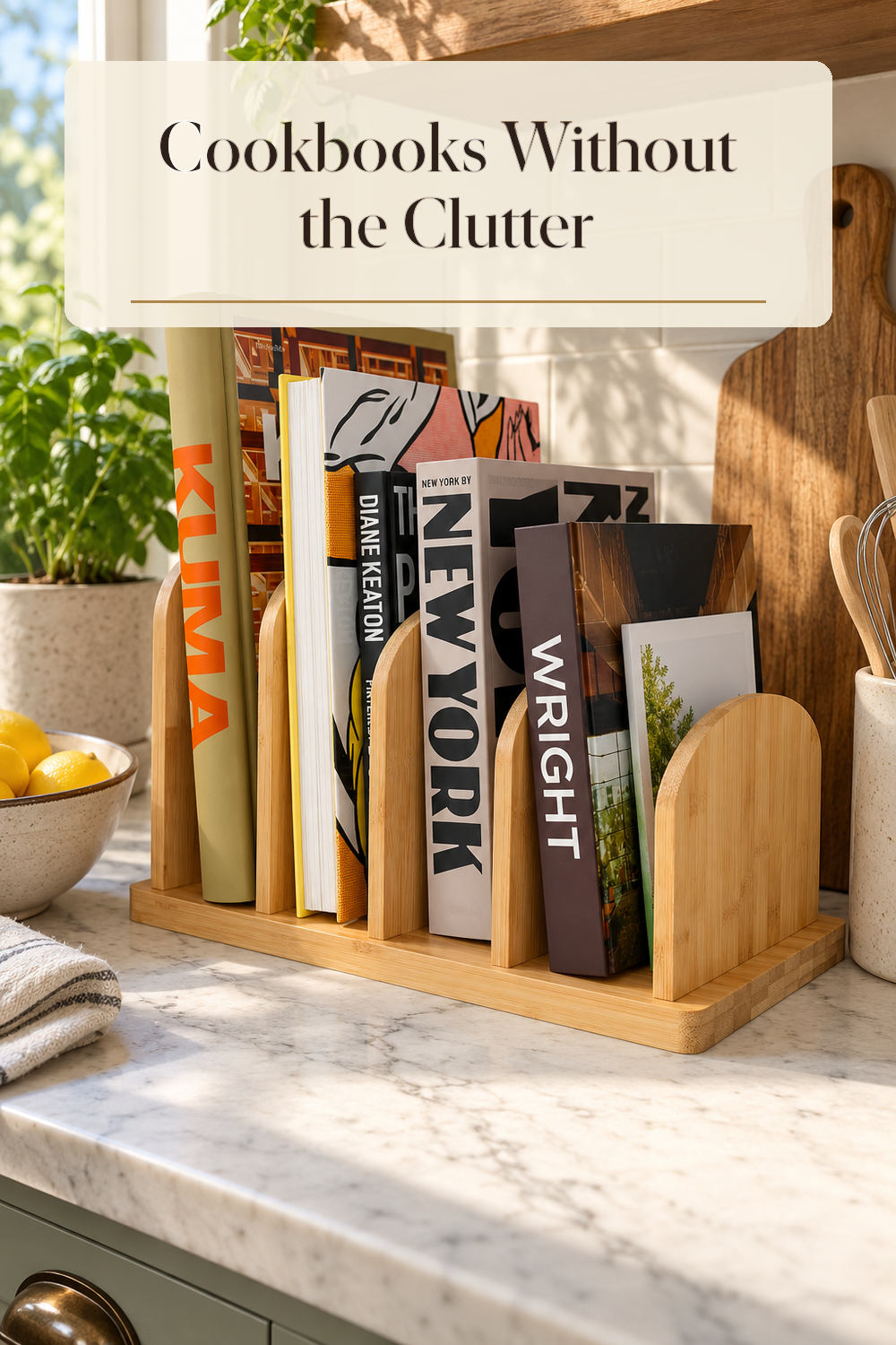 A realistic cookbook organizer organizing cookbooks in a naturally lit lived-in home.