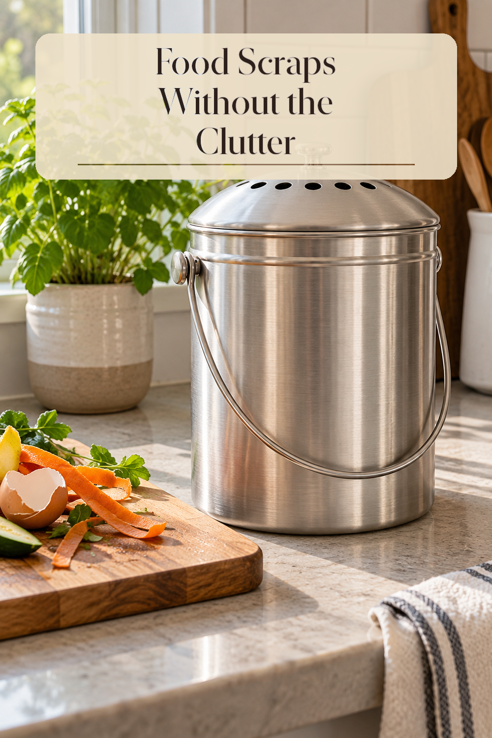 A realistic compost bin organizing food scraps in a naturally lit lived-in home.