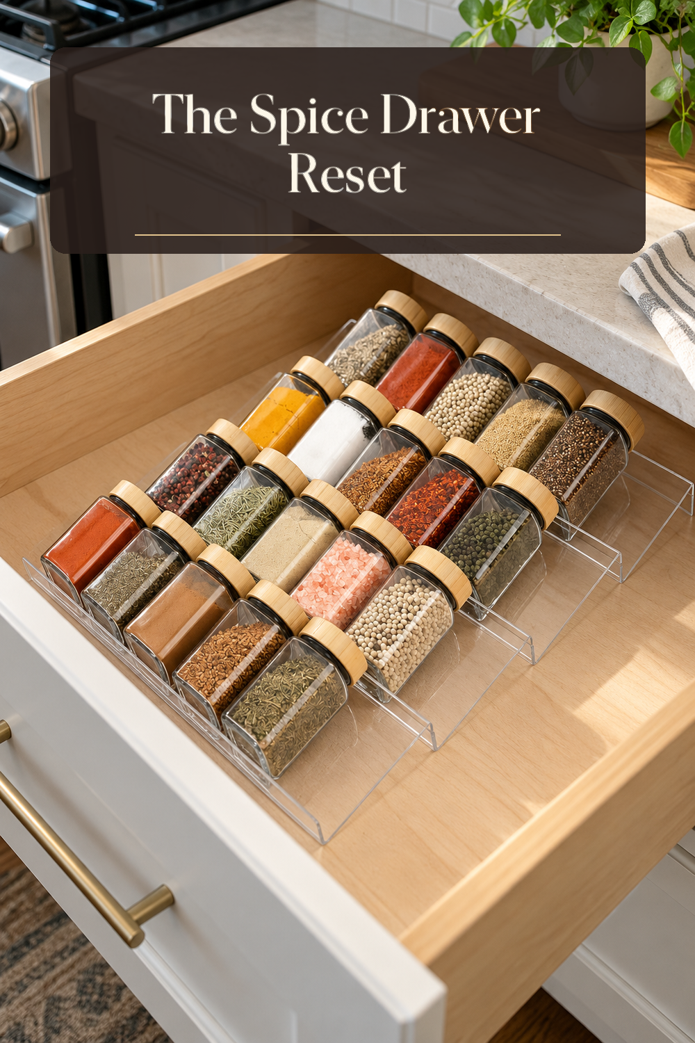 A realistic spice organizer organizing spice drawer in a naturally lit lived-in home.