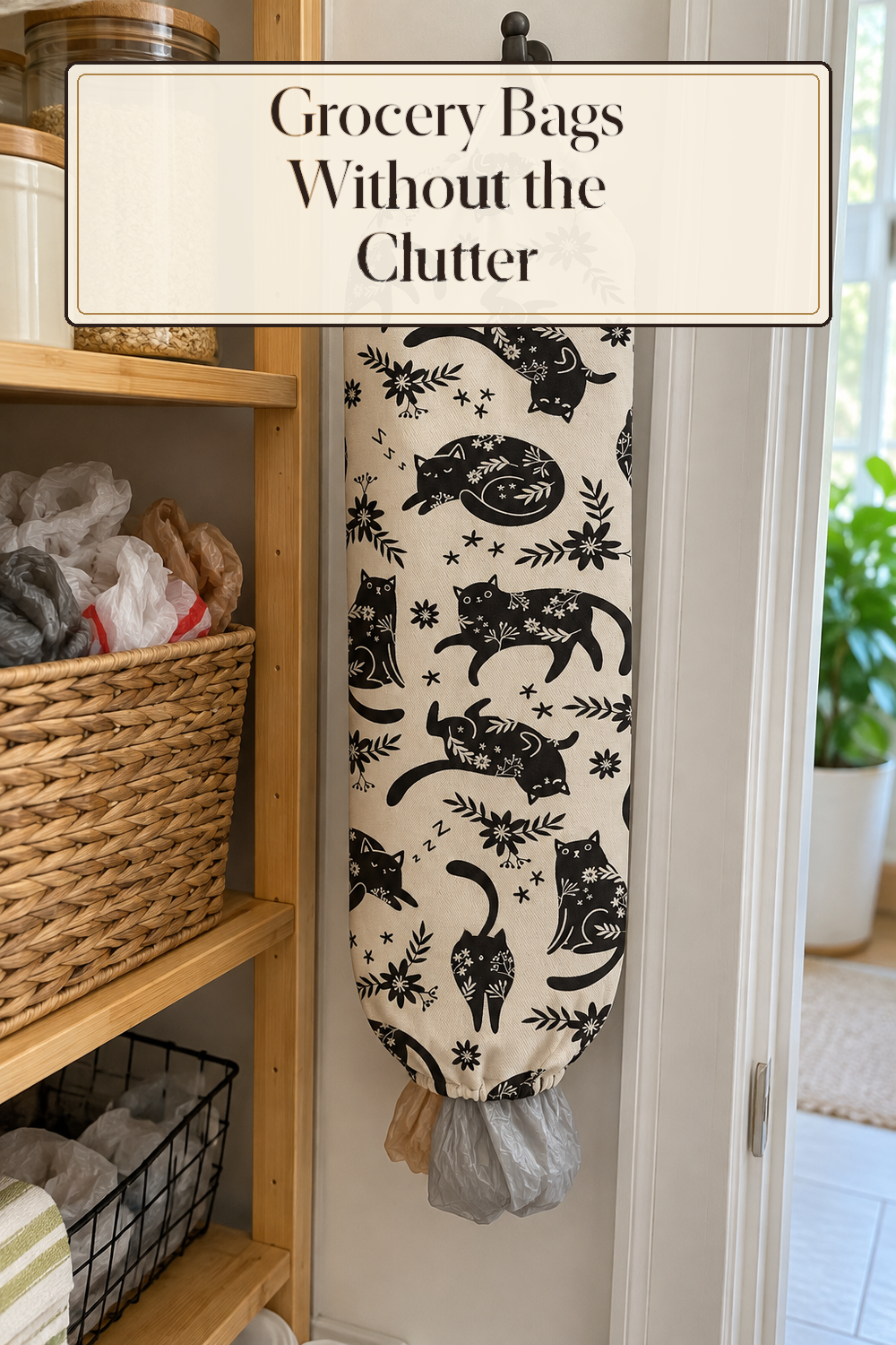 A realistic bag organizer organizing grocery bags in a naturally lit lived-in home.