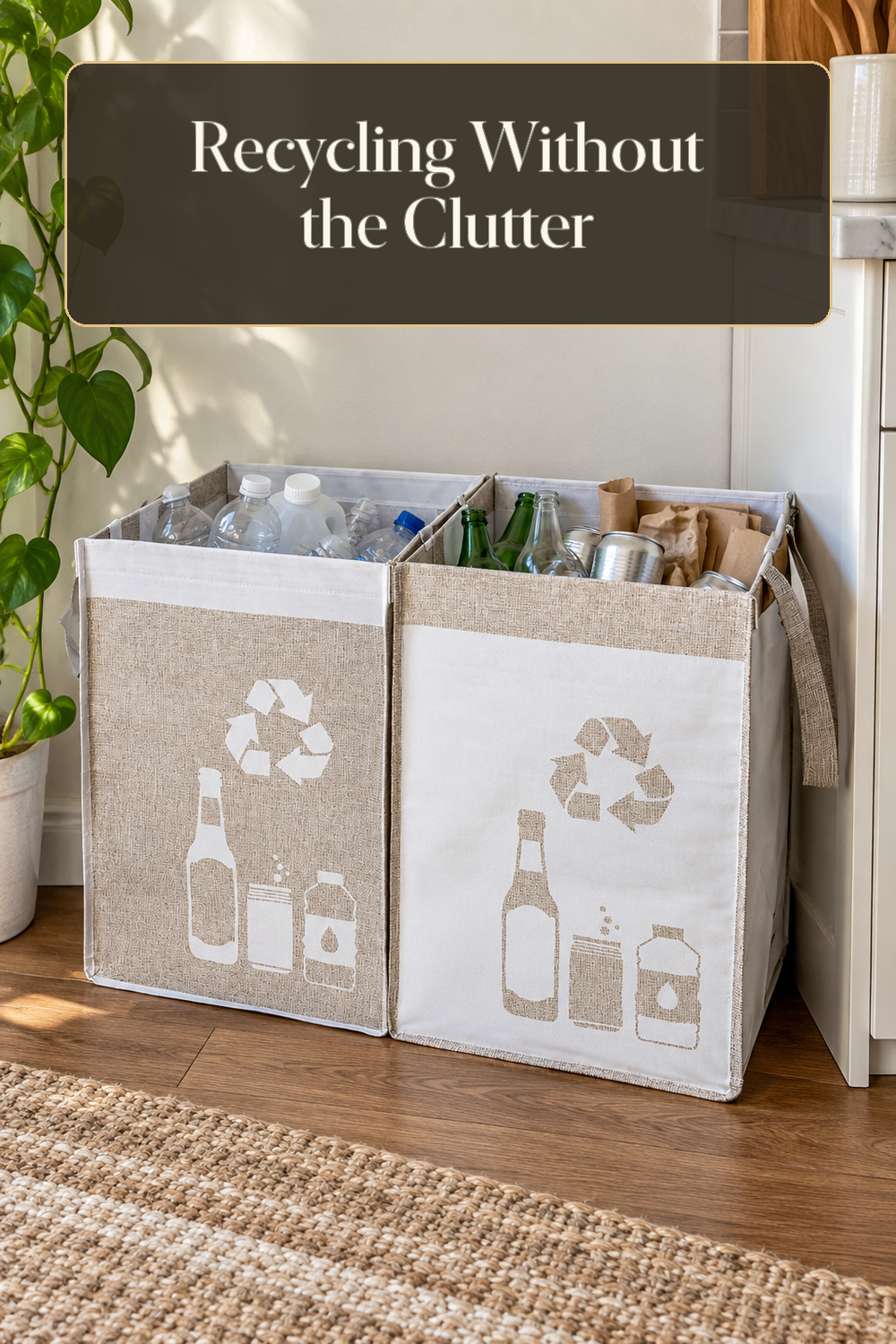 A realistic recycling organizer organizing recycling in a naturally lit lived-in home.