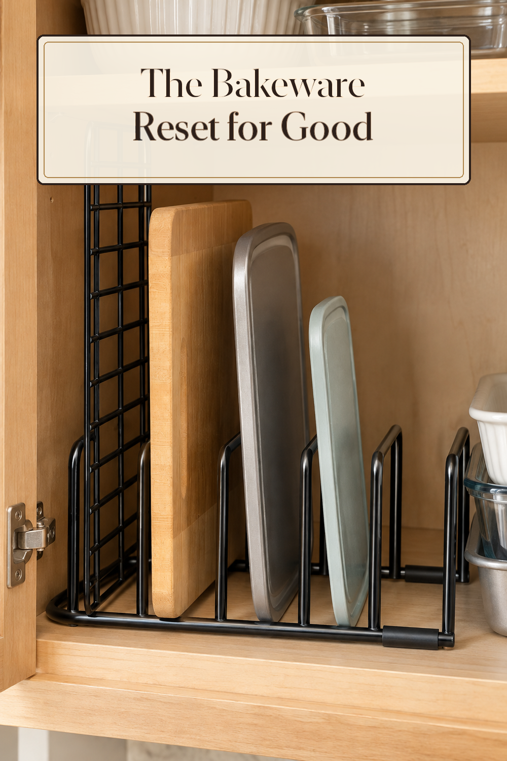 A realistic bakeware organizer organizing bakeware in a naturally lit lived-in home.