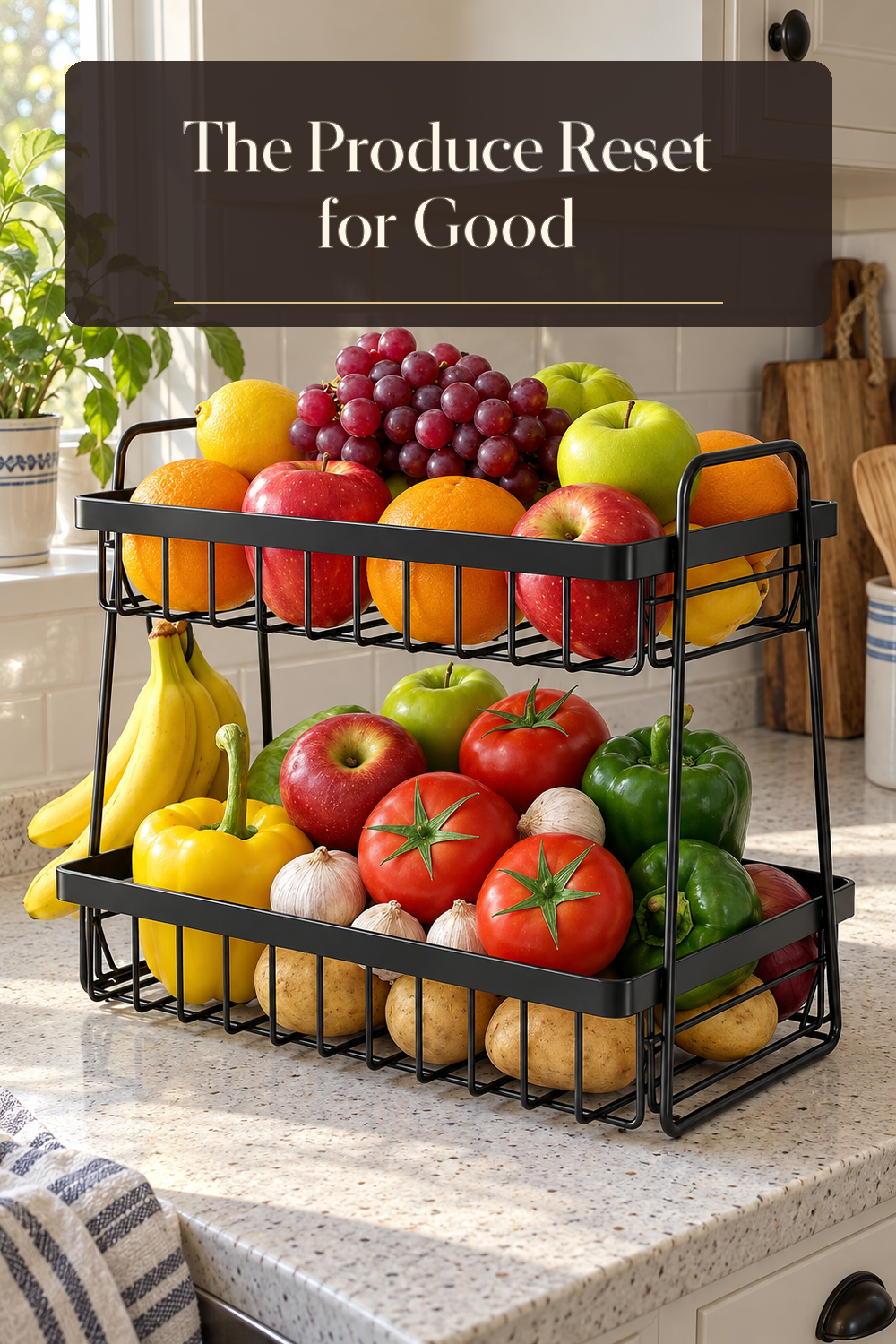 A realistic produce basket organizing produce in a naturally lit lived-in home.