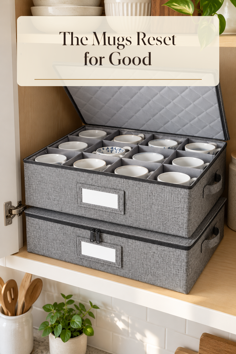 A realistic mug organizer organizing mugs in a naturally lit lived-in home.