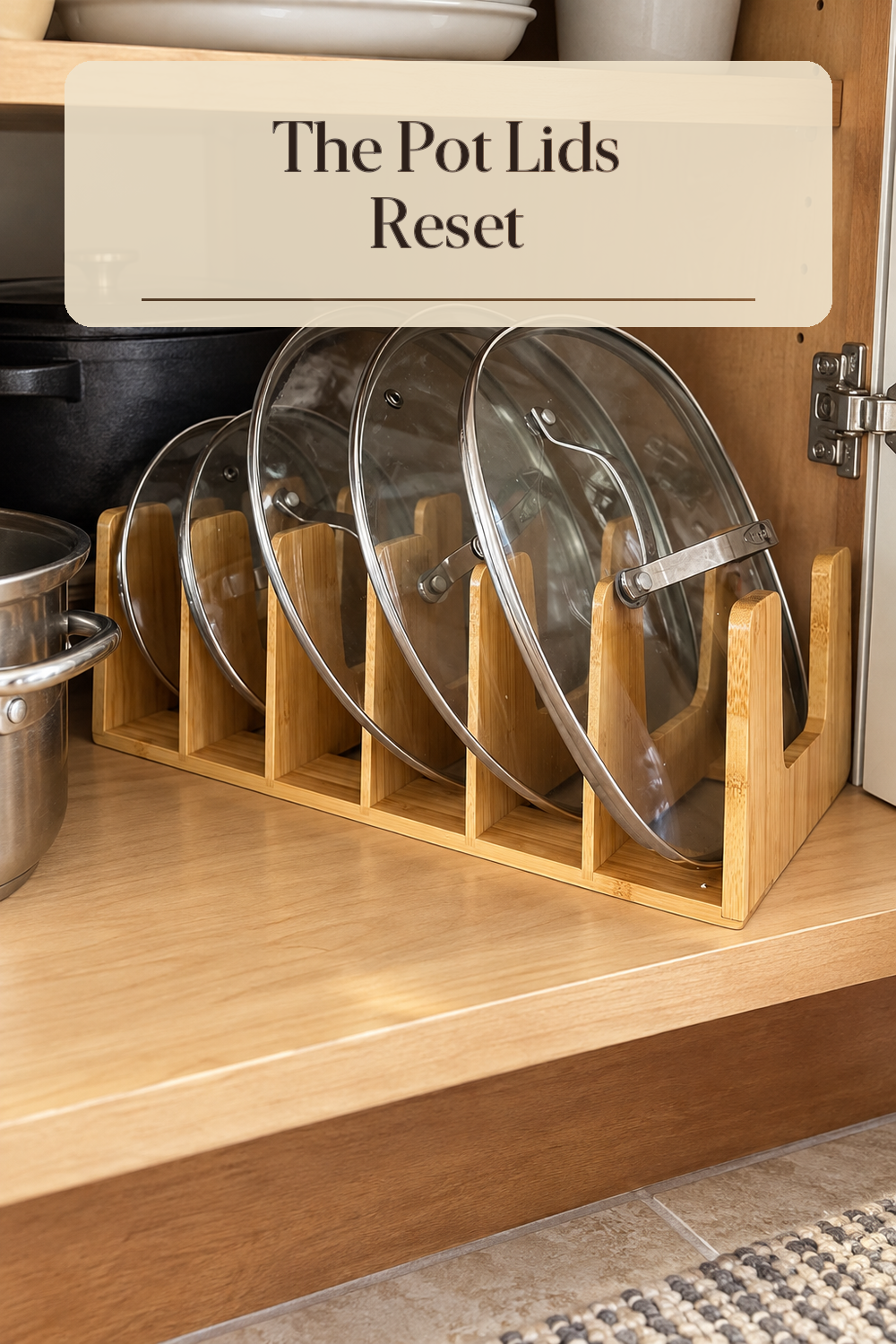 A realistic pot lid organizer organizing pot lids in a naturally lit lived-in home.