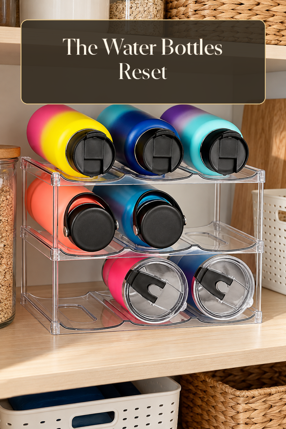A realistic water bottle organizer organizing water bottles in a naturally lit lived-in home.