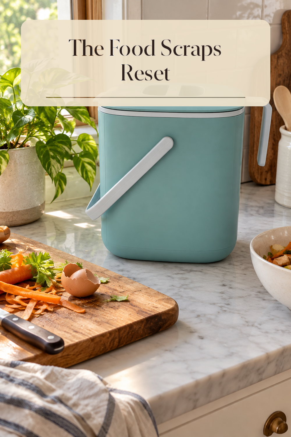 A realistic compost bin organizing food scraps in a naturally lit lived-in home.