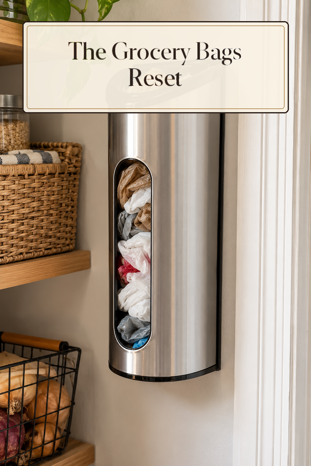 A realistic bag organizer organizing grocery bags in a naturally lit lived-in home.