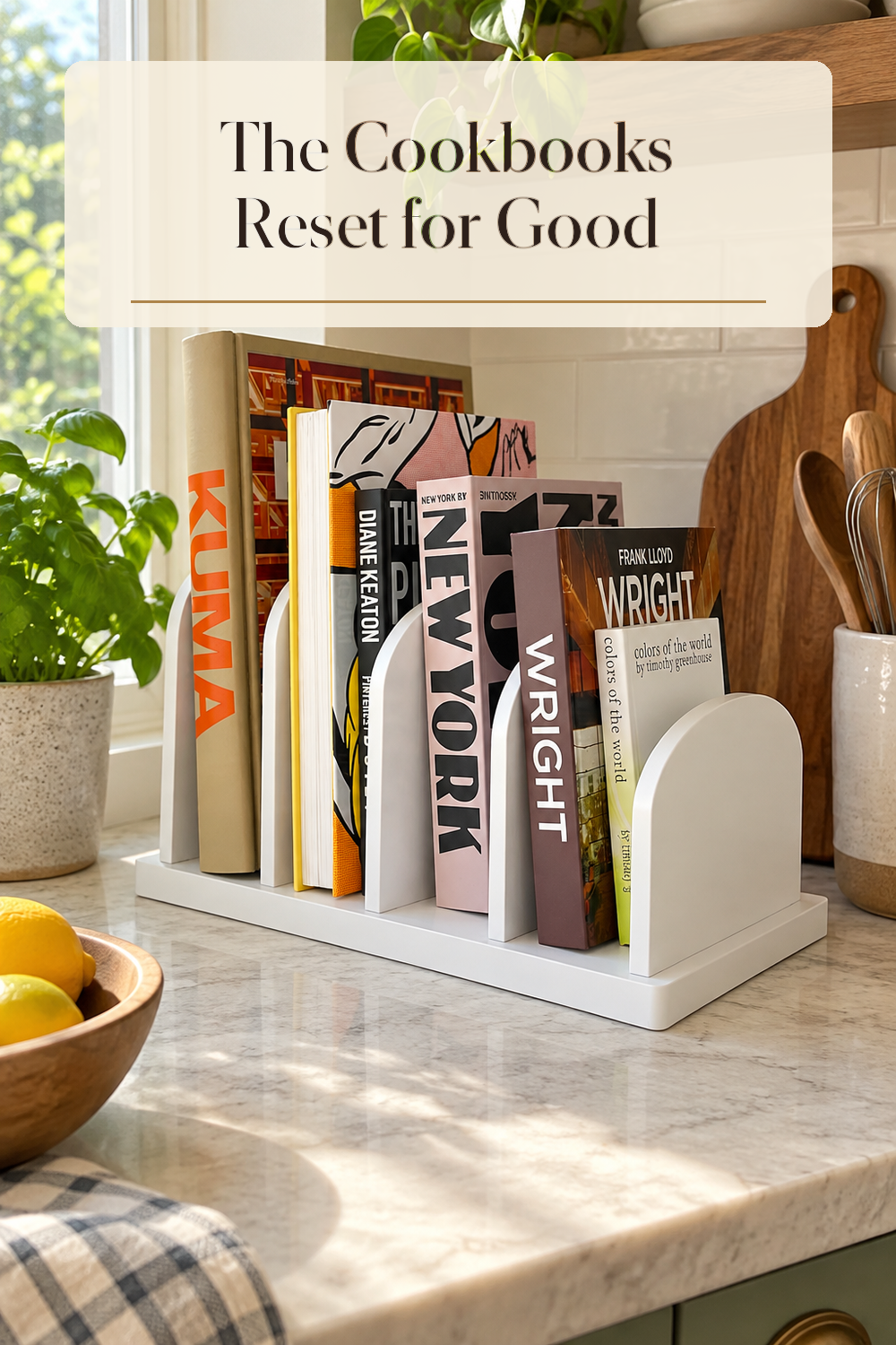 A realistic cookbook organizer organizing cookbooks in a naturally lit lived-in home.