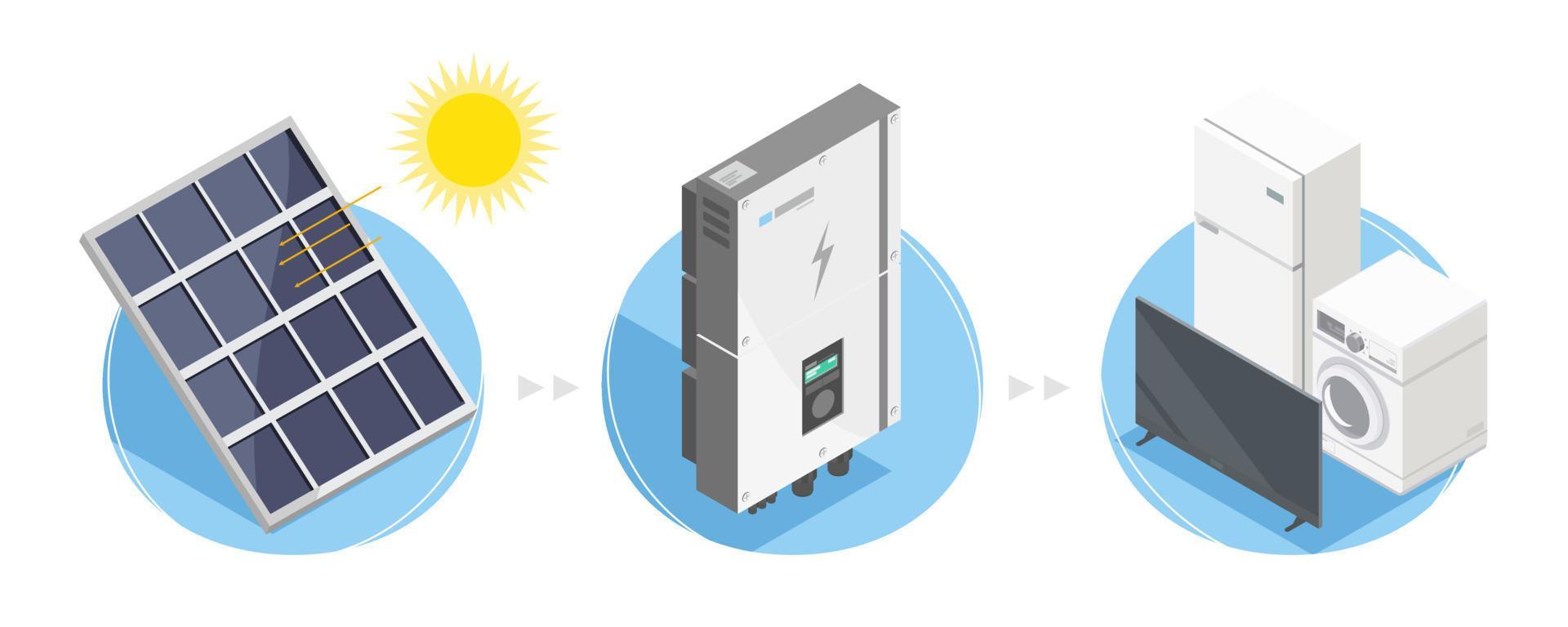 solar cell icon symbols system concept inverter component isometric isolated white blue vector