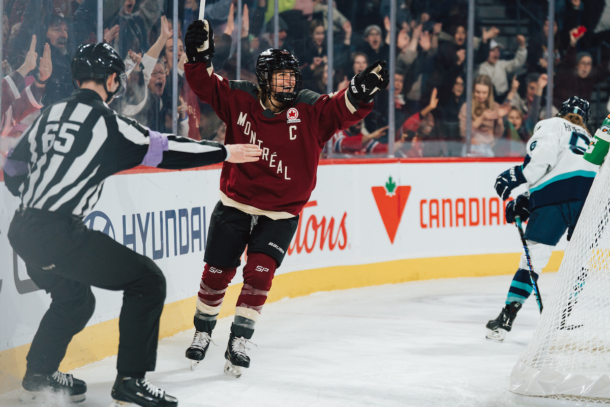 Marie-Philip Poulin celebrating after scoring a goal on January 17 against Boston.
