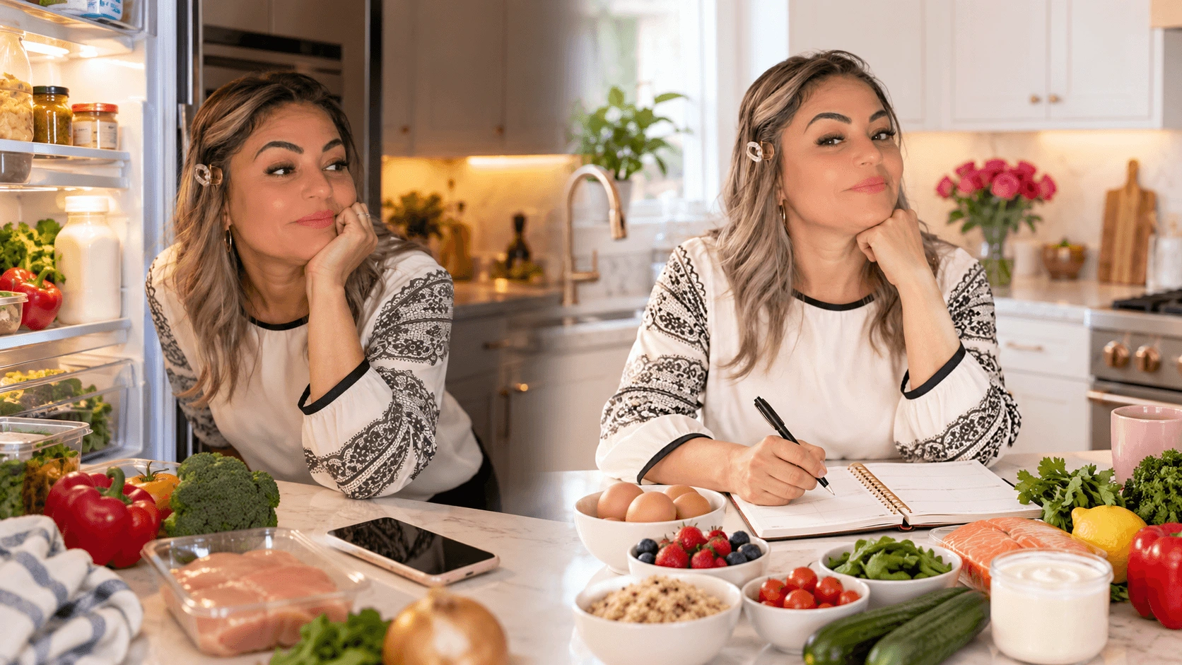 Split scene showing the overwhelm of staring blankly into an open fridge vs calm organized meal planning