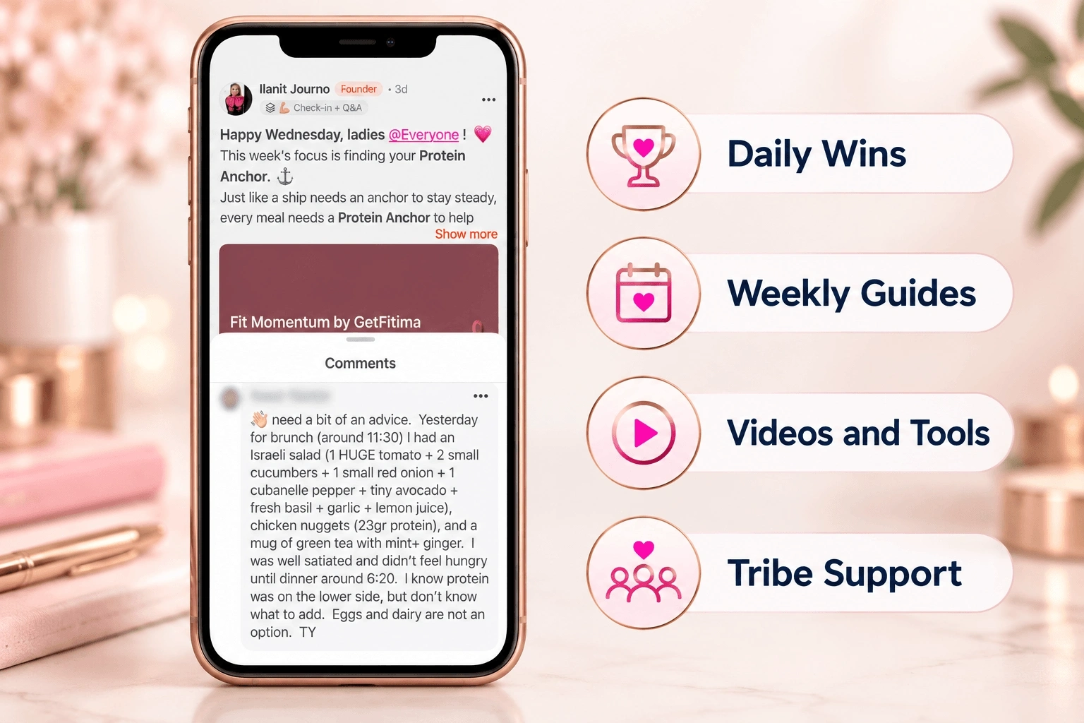 Fit Momentum app interface showing Daily Wins, Weekly Guides, Videos and Tools, and Tribe Support