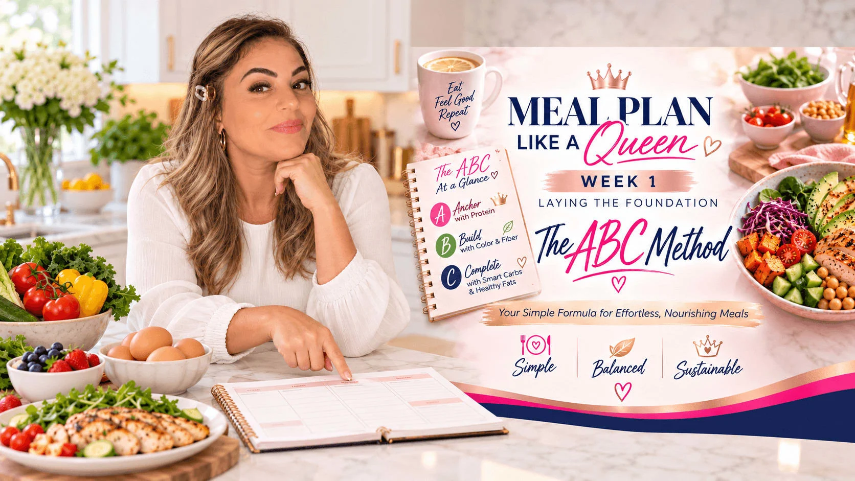 Meal Plan Like a Queen Week 1 Laying the Foundation The ABC Method graphic with Ilanit