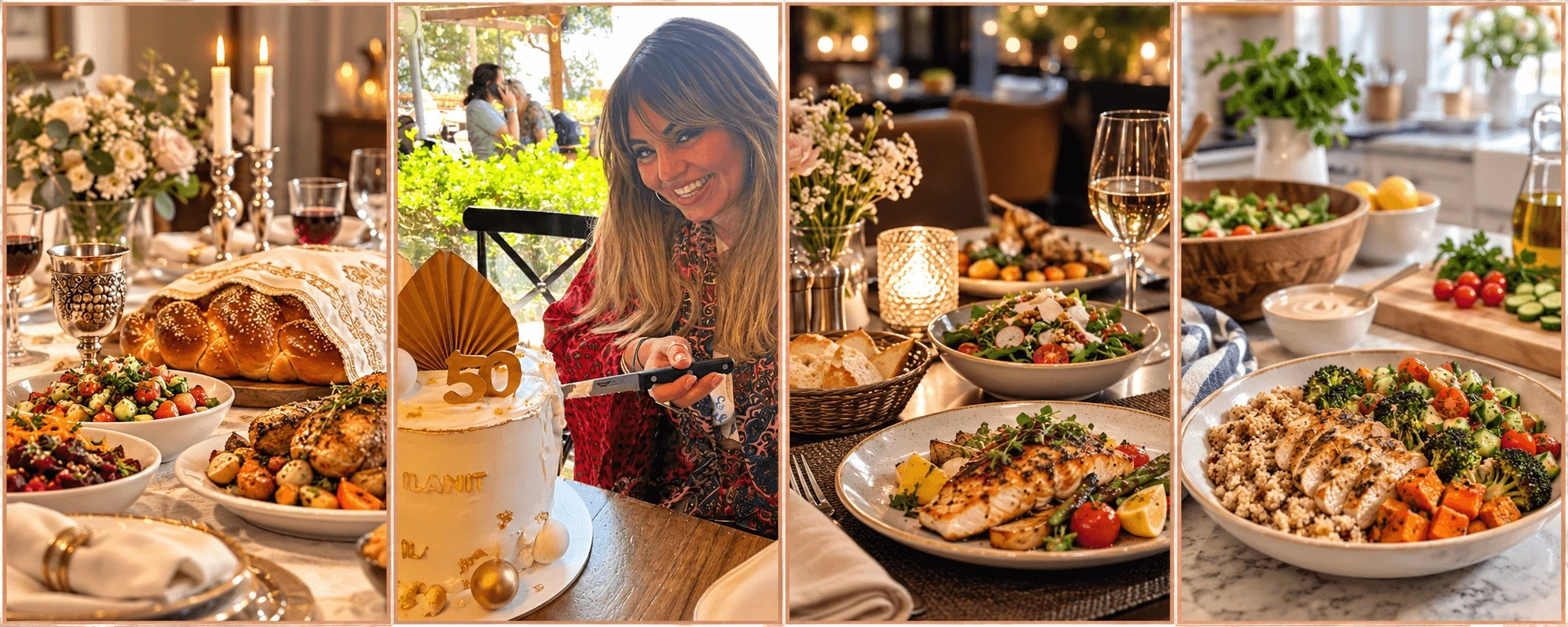 Real life eating: Shabbat feast with wine and challah, 50th birthday celebration, restaurant salmon dinner, and nourishing meal bowl