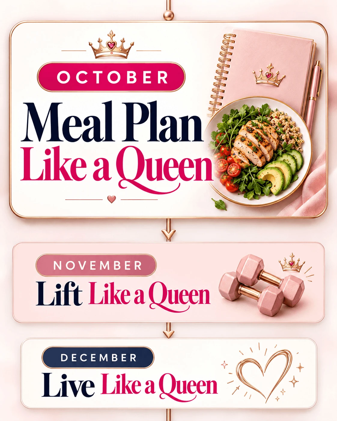October Meal Plan Like a Queen, November Lift Like a Queen, December Live Like a Queen quarterly roadmap