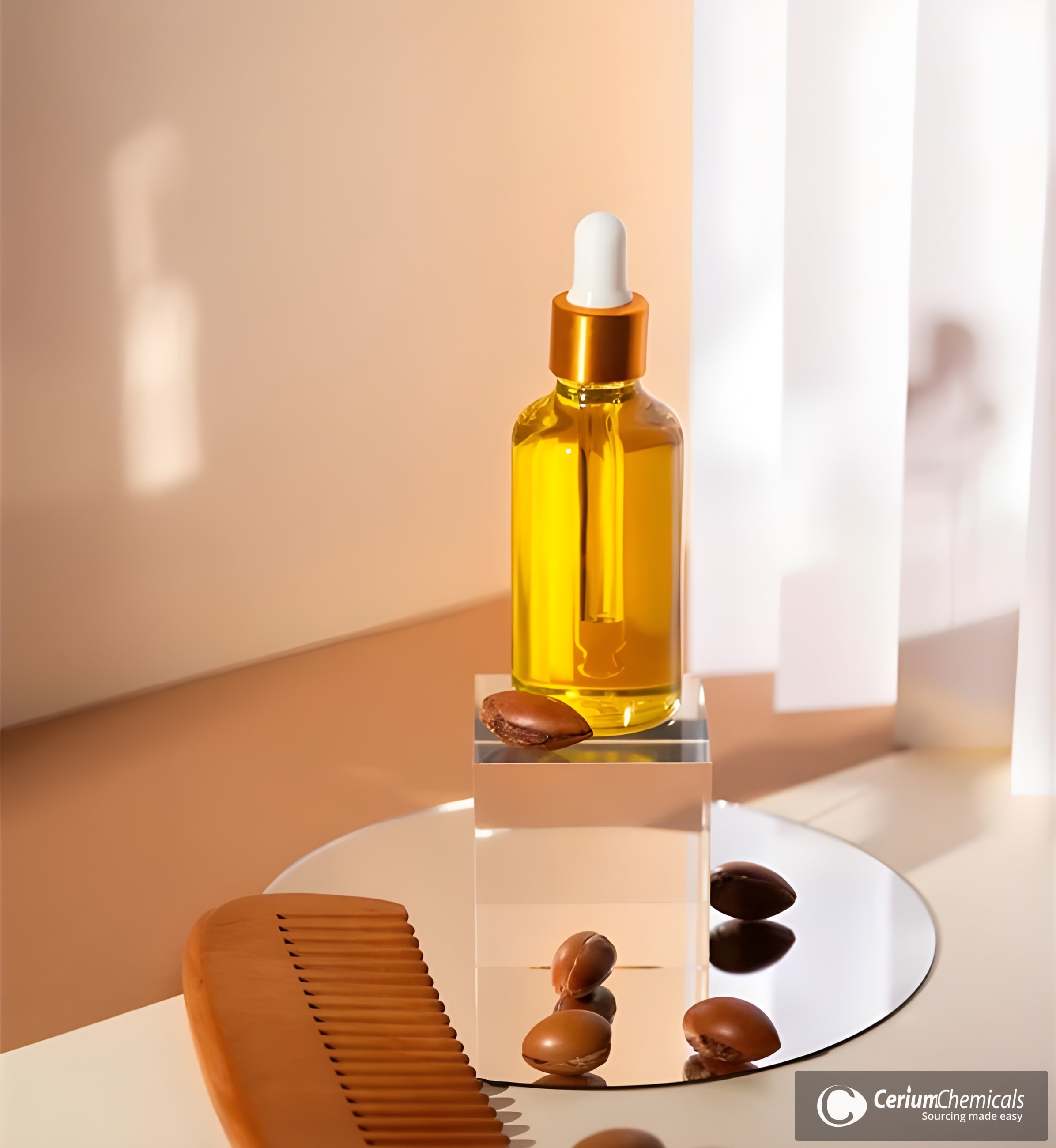 A dropper bottle of argan oil beside argan kernels and a wooden comb