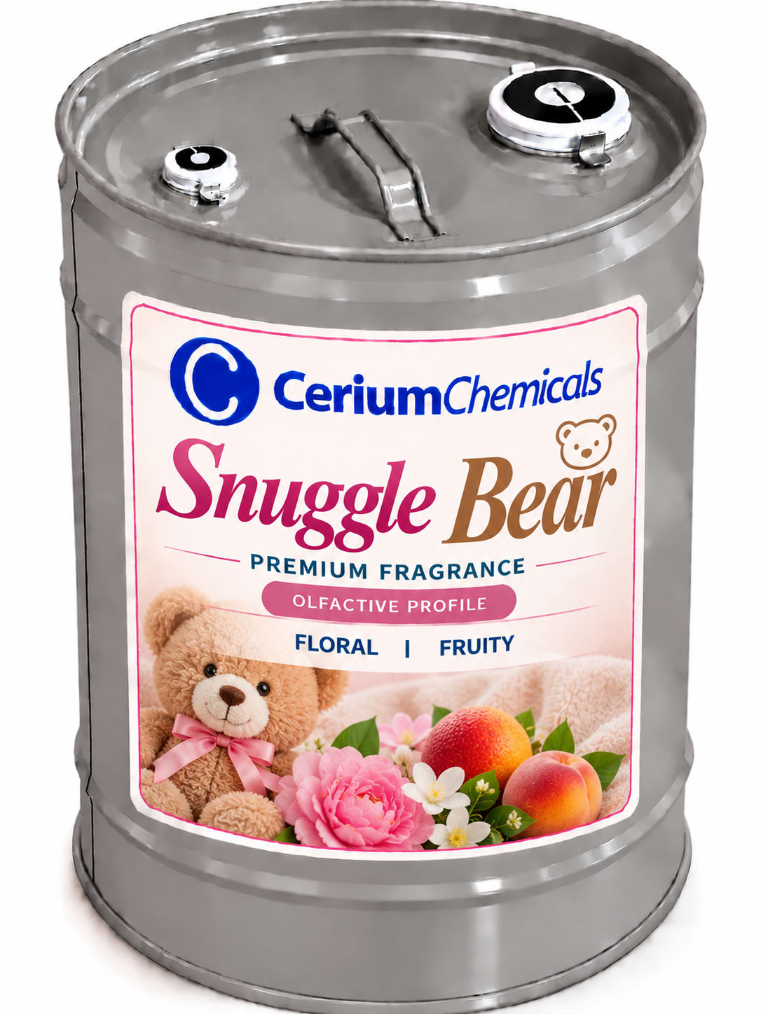 A silver metal drum labeled 'Snuggle Bear' with a blue and green design, indicating it is a fragrance for home and fabric care products.