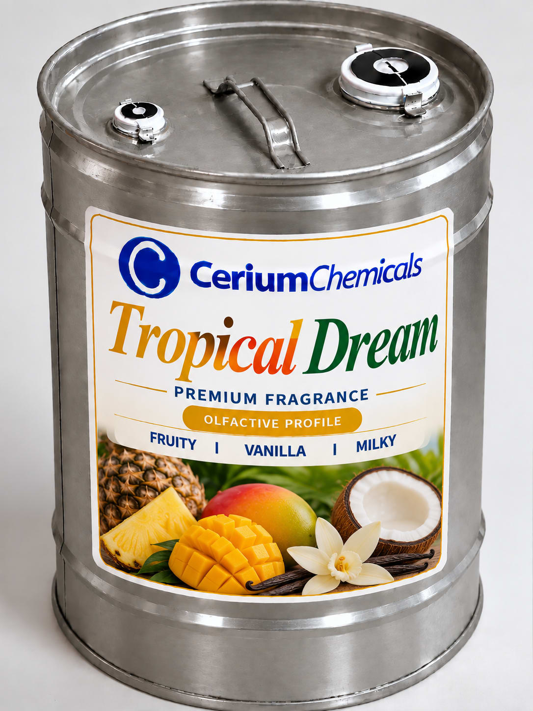 A metal drum labeled 'Tropical Dream' with a lid and two openings, featuring text about its application for personal care and home care products.