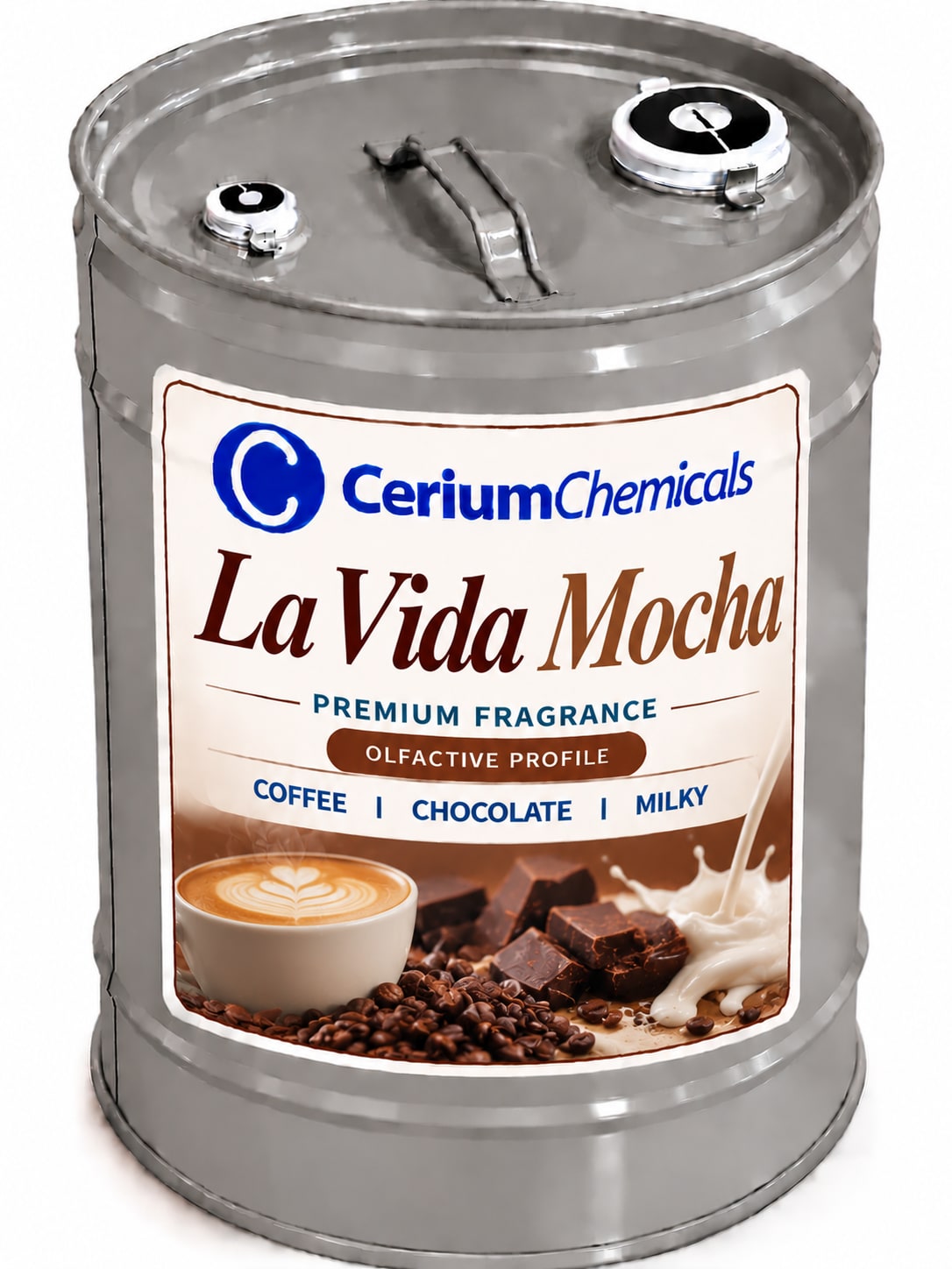 A metal drum labeled 'La Vida Mocha' with a white and green design, featuring two openings on the top.