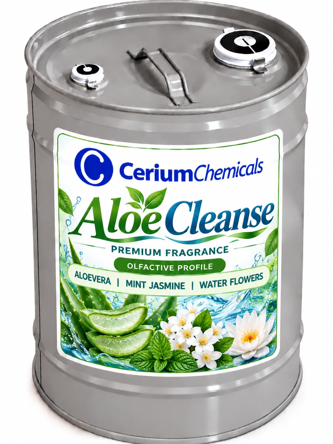 Metal container labeled 'Aloe Cleanse' with a lid and spout, featuring product information and storage instructions.
