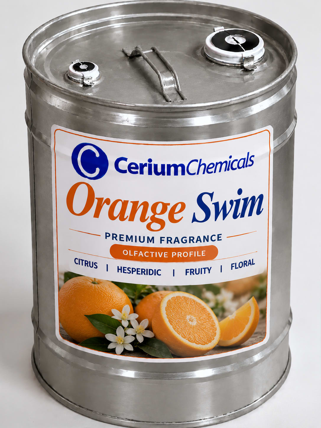A metal drum labeled 'Orange Swim' with a white and blue design, featuring a lid with two openings.