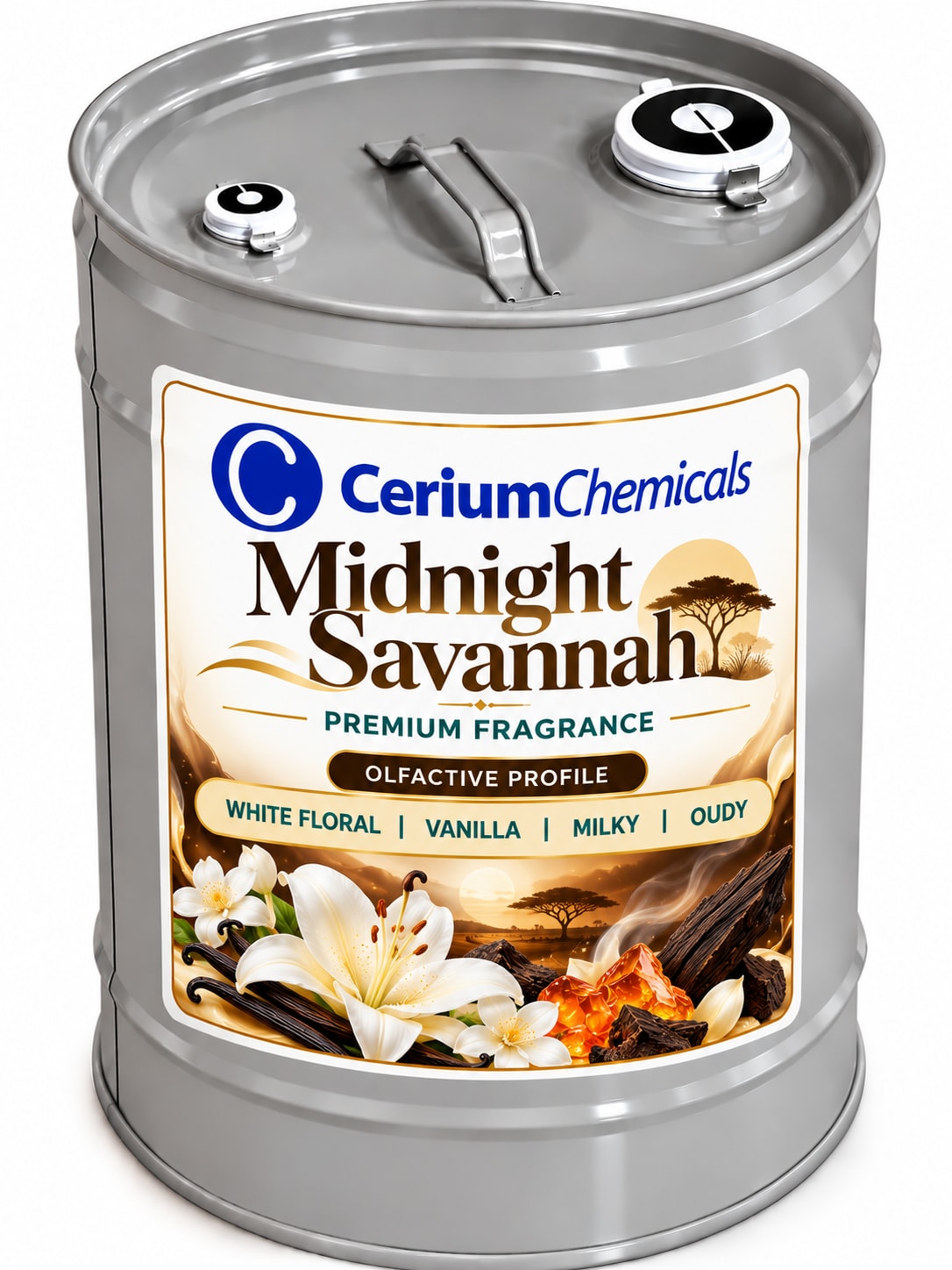 A metal drum labeled 'Midnight Savannah' with information about its use in personal care fragrances.