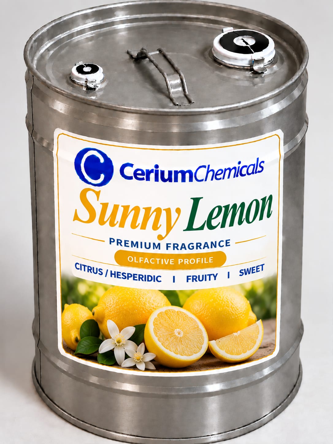 A metal container labeled 'Sunny Lemon' with a lid and a spout, featuring a blue and green design.