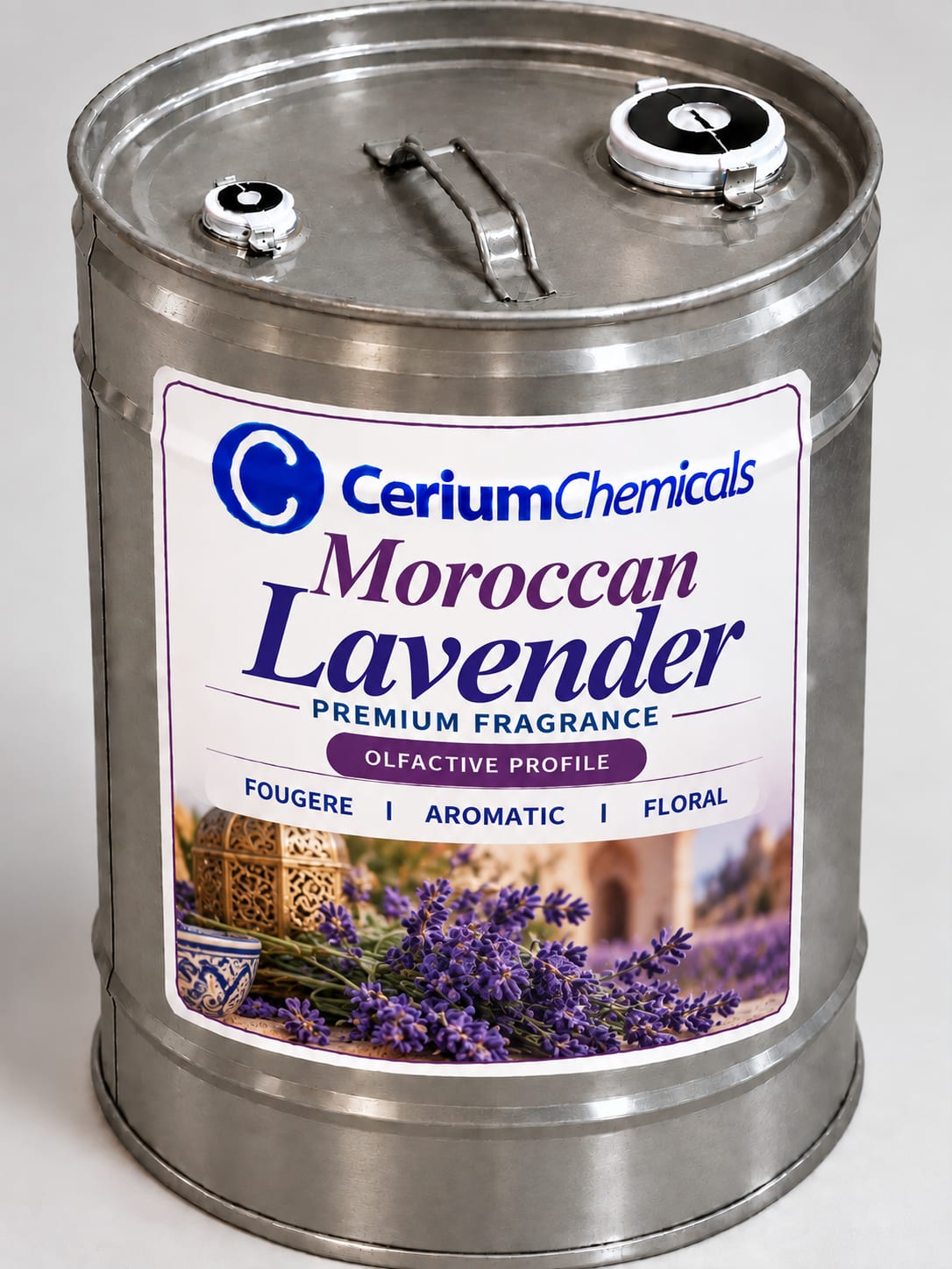 A metal drum labeled 'Moroccan Lavender' with a white and green design, featuring a lid and a spout.