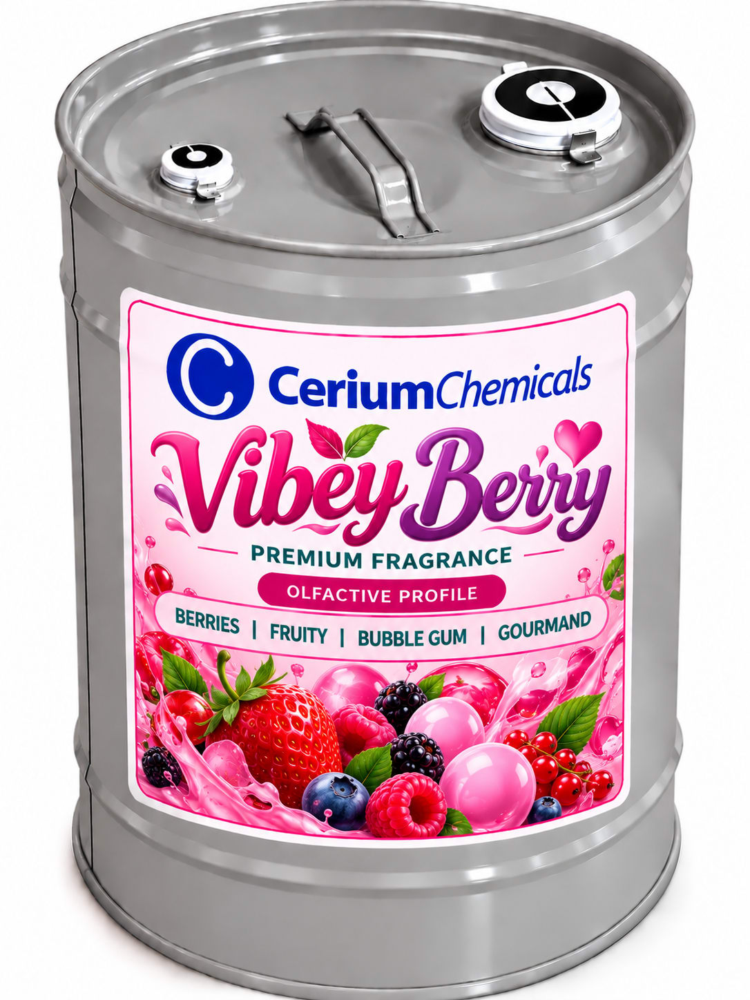 A metal drum labeled 'Vibey Berry' with a lid and spout, featuring branding and product information.