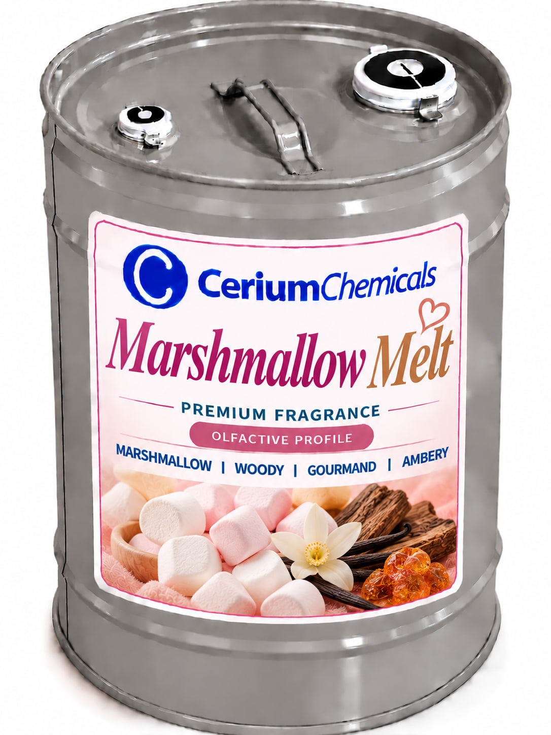 A metal drum labeled 'Marshmallow Melt' with a lid and two openings, designed for storage.