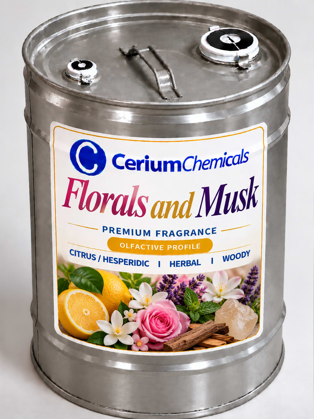 A gray metal drum labeled 'Florals and Musk' with a lid and two openings, indicating storage for a clear liquid.