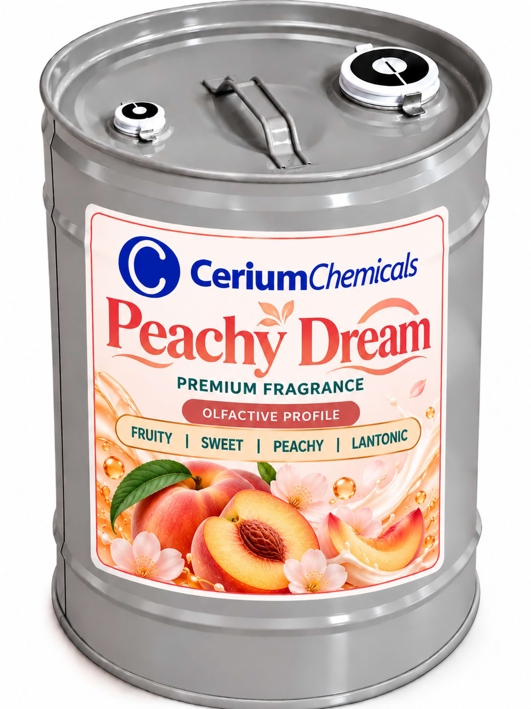 A metal drum labeled 'Peachy Dream' with a white and blue design, featuring a lid and a handle.