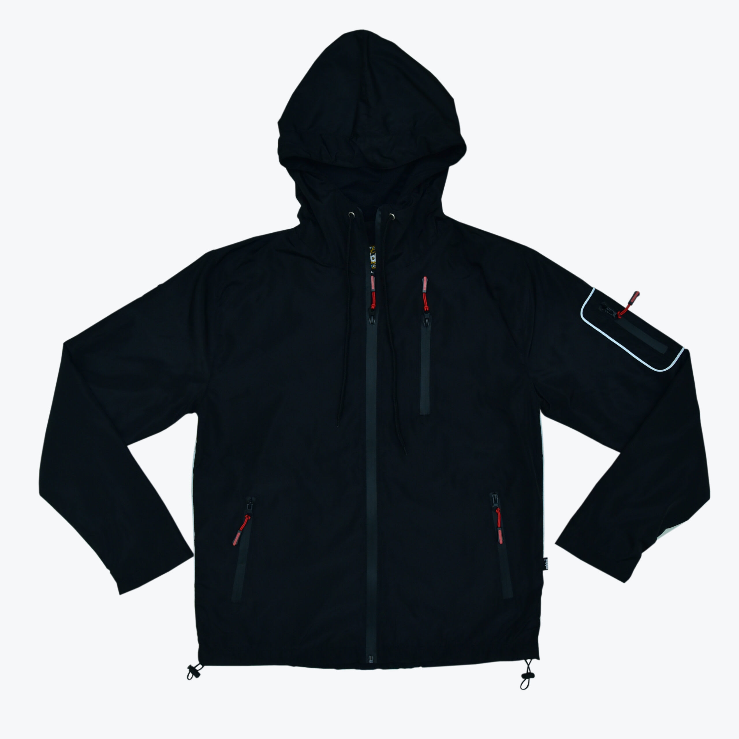 Black Hooded Windbreaker Jacket with Red Accents A black hooded jacket with red zipper pulls and multiple zippered pockets, displayed flat on a white background.