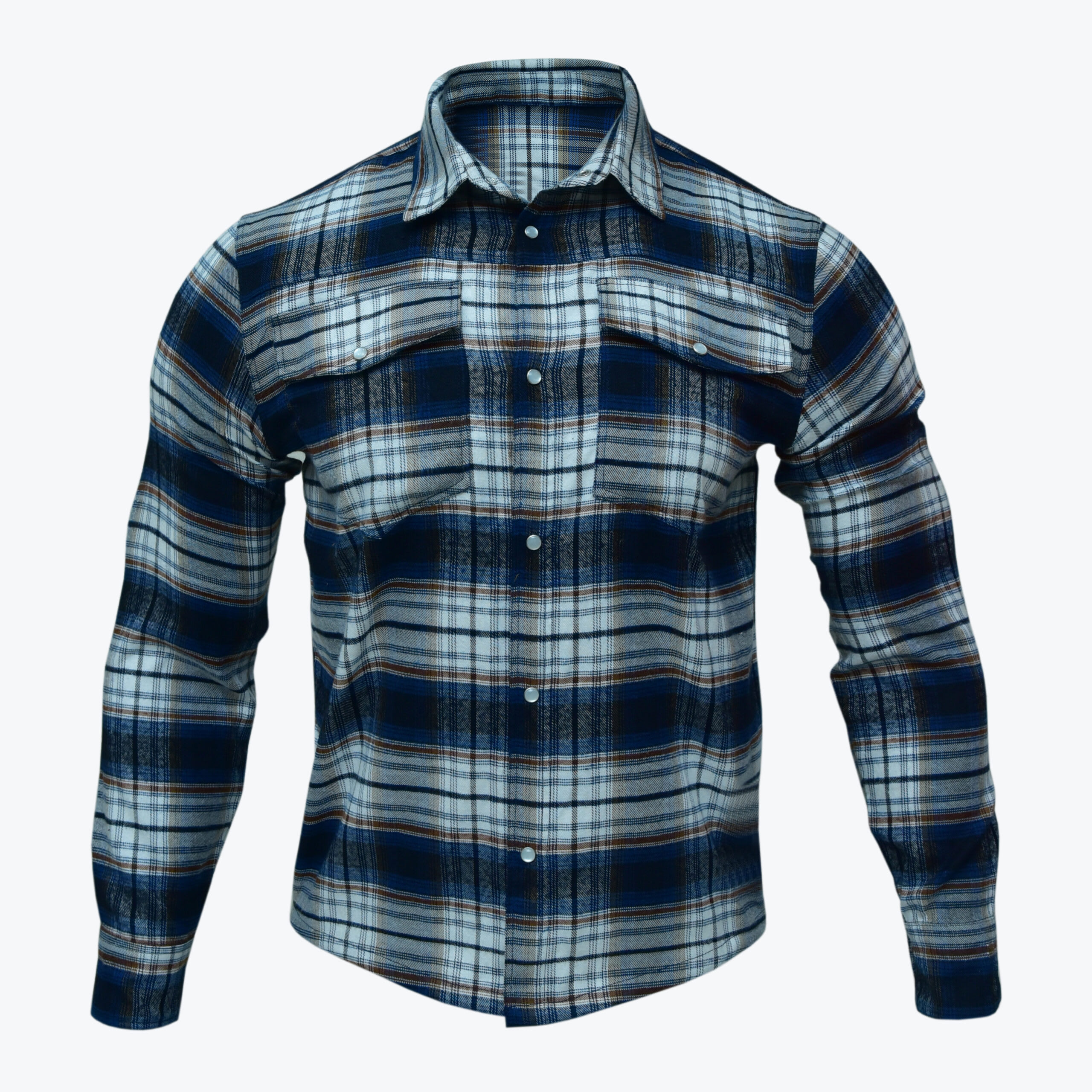 Blue and White Plaid Flannel Shirt A long-sleeve blue, white, and grey plaid flannel shirt with two chest pockets, displayed on an invisible mannequin against a white background.