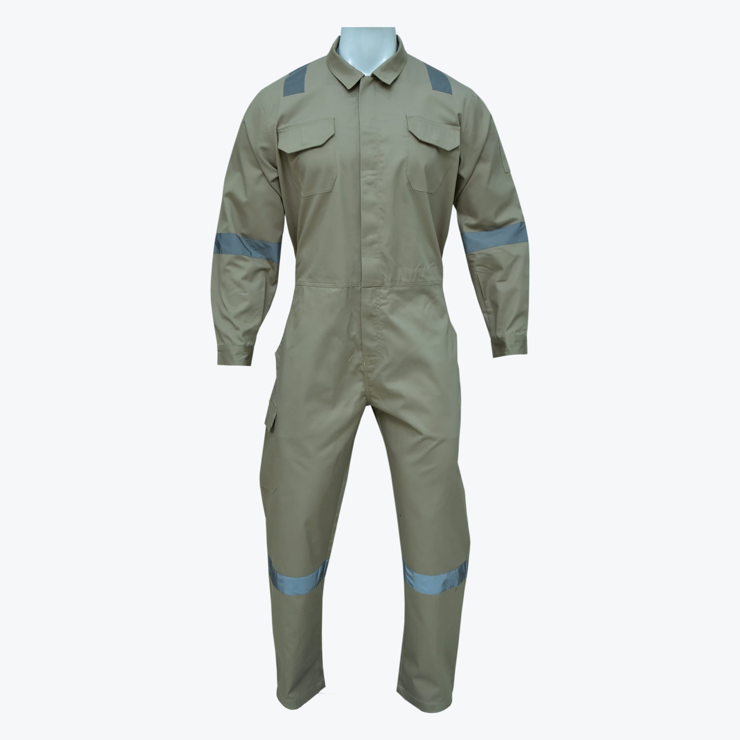Khaki Industrial Work Coverall with Reflective Strips A khaki-colored industrial work coverall with reflective safety strips on the shoulders, arms, and legs, displayed on a mannequin.