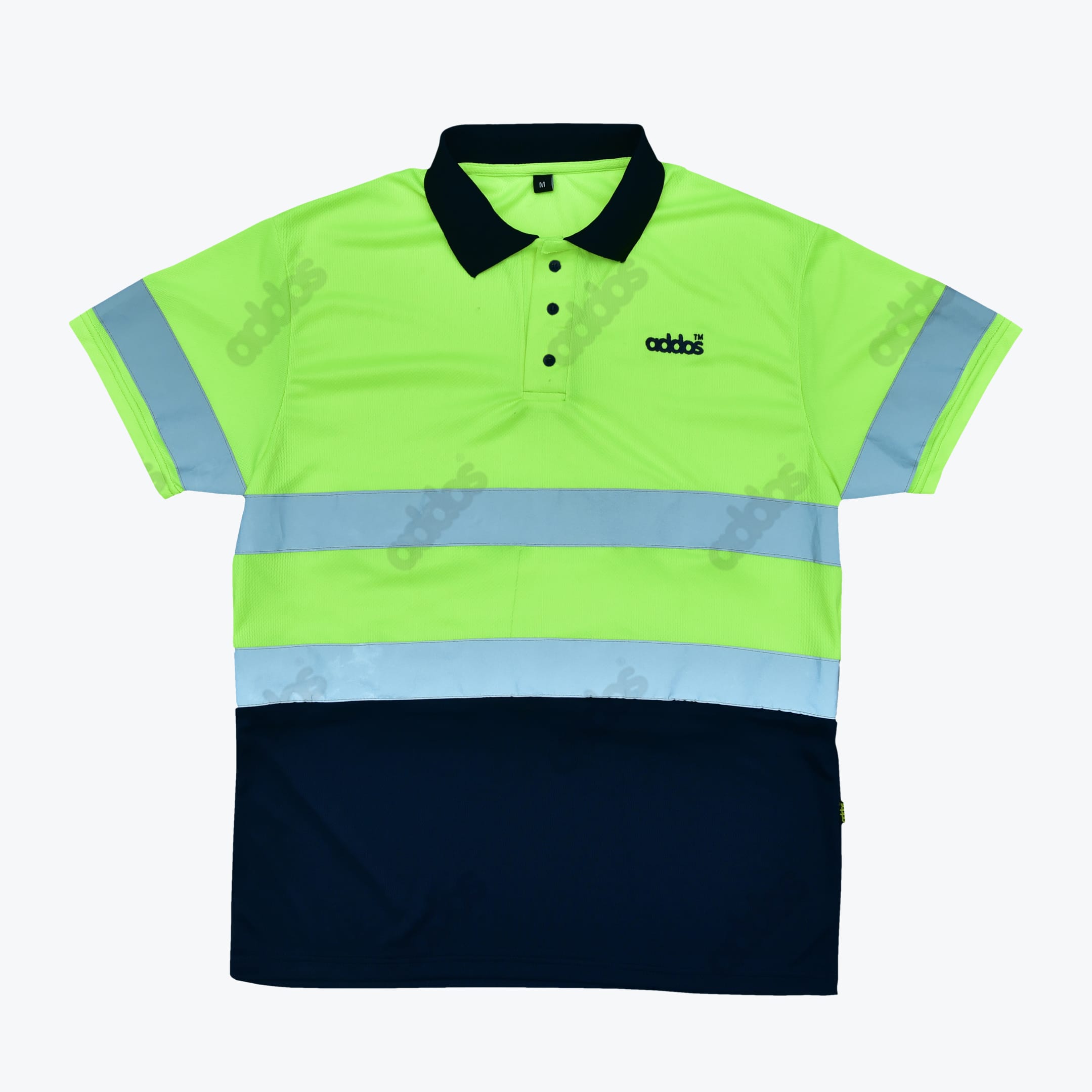z2-copy-1 A high-visibility neon green and navy blue short-sleeved polo shirt with horizontal reflective silver stripes and a navy blue collar, displayed against a plain white background.