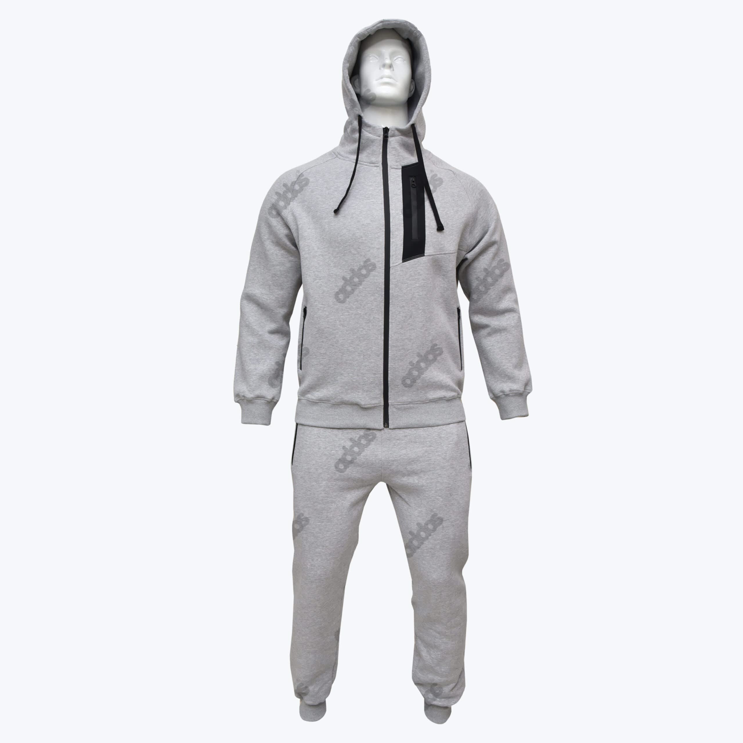 Grey Addos Hooded Tracksuit on Mannequin A grey Addos tracksuit with a hooded zip-up jacket and matching sweatpants, displayed on a white mannequin against a clean white background.