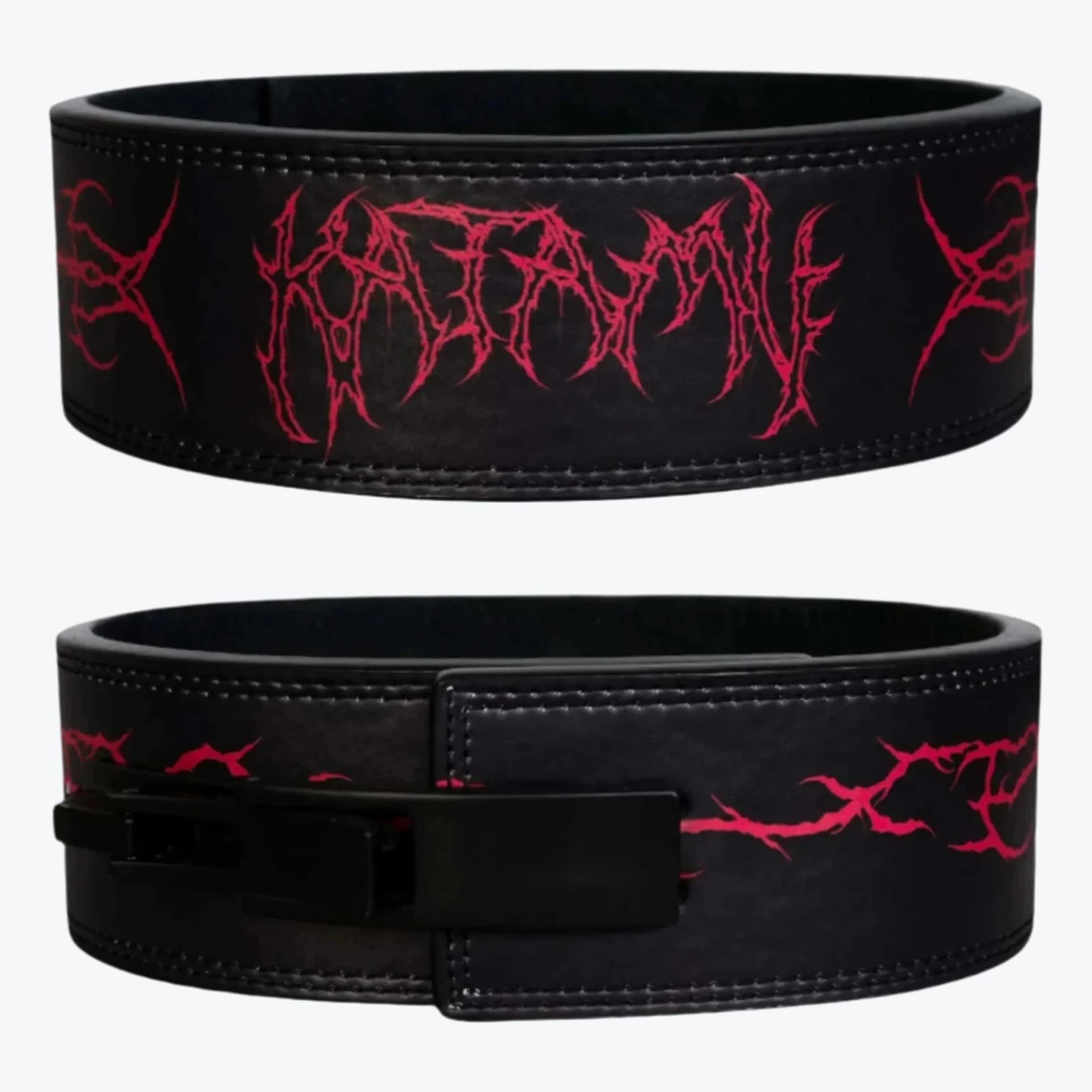 Katami Black and Red Lever Weightlifting Belt Two views of a black leather weightlifting belt with a red stylized metal logo and a black lever buckle.