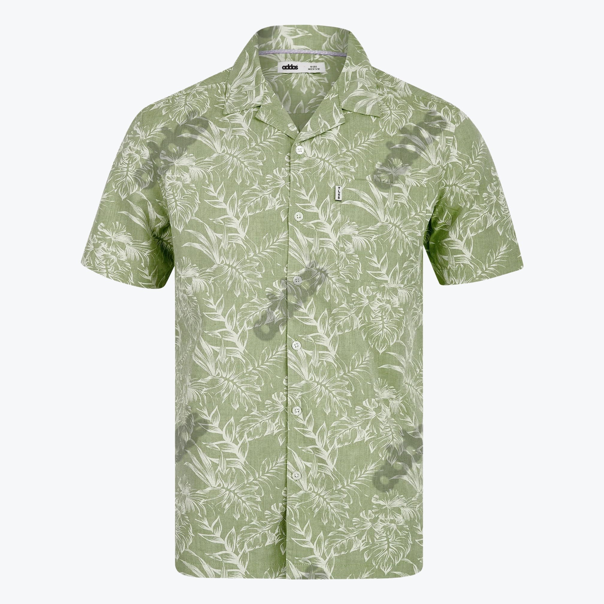 Addos Mens Green Tropical Print Short Sleeve Shirt A front view of a light green, short-sleeved button-down shirt with a white tropical leaf pattern and a camp collar.