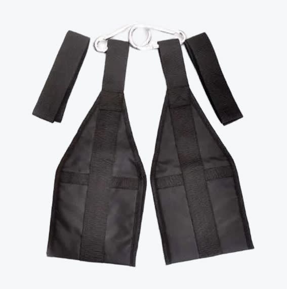 A pair of black hanging ab straps with metal carabiners and extension straps on a white background.